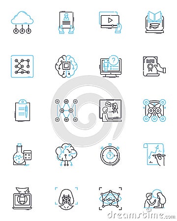 Digital work linear icons set. Remote, Freelance, Virtual, Online, Telecommute, Digitalization, Cyberculture line vector Vector Illustration