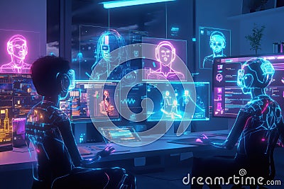 Digital workspace featuring virtual avatars interacting with advanced technology in a futuristic environment. Generative Stock Photo