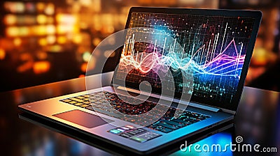 Digital Workspace Laptop with Analytical Data Stock Photo