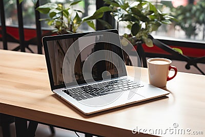 Digital workspace Mockup laptop with blank screen on a table Stock Photo