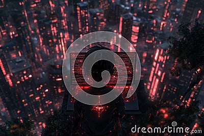 Digital Workspace: Programmer Coding in Futuristic Environment with Cyberpunk Aesthetic and Glowing Data Streams Stock Photo