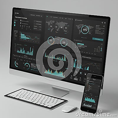 A digital workspace setup with a sleek desktop monitor, keyboard, mouse, and smartphone. Stock Photo