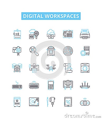Digital workspaces vector line icons set. Digital, Workspaces, Virtual, Collaborative, Cloud, Office, Platform Cartoon Illustration