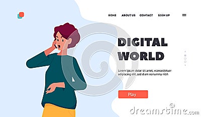 Digital World Landing Page Template. Female Character Wearing Modern Clothes Talking With Friend Using Smartphone Vector Illustration