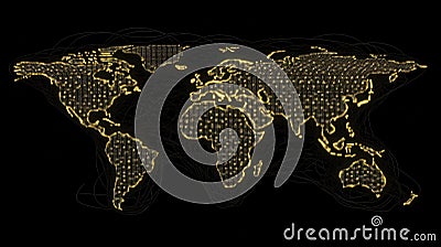 Digital World Map Glowing Data Visualization on Black Background Connectivity and Networks Global Data Flow Stock Photo