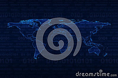 Digital world map over binary code background Stock Photo