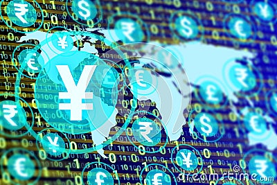 digital yen icon isolated on other currency, world map and numbers Stock Photo