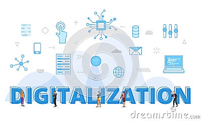 Digitalization concept with big words and people surrounded by related icon spreading with modern blue color style Stock Photo