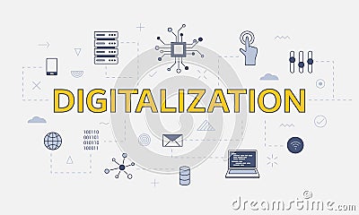 Digitalization concept with icon set with big word or text on center Cartoon Illustration