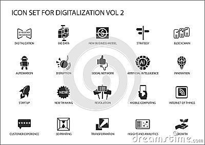 Digitalization icon set for topics like big data, business models, 3D printing, disruption, artificial intelligence, intern Stock Photo