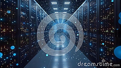 Digitalization, SAAS Cloud Computing, and Web Services: A Data Center with Servers. Concept Stock Photo