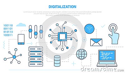 Digitalization for technology computer campaign for website homepage template landing page banner with outline icon style Vector Illustration