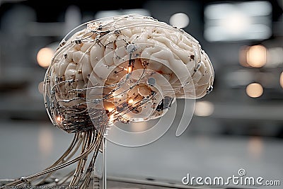 Digitalization of thinking and automation of brain function. Human brain with wires and sensors. Stock Photo