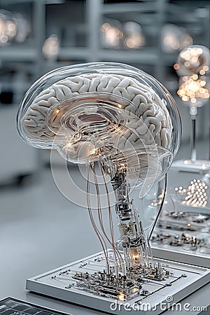 Digitalization of thinking and automation of brain function. Human brain with wires and sensors. Stock Photo