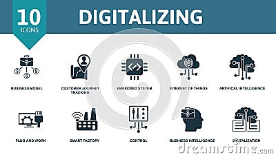 Digitalizing icon set Collection contain mobility, business model, customer journey tracking, embedded system, internet Vector Illustration