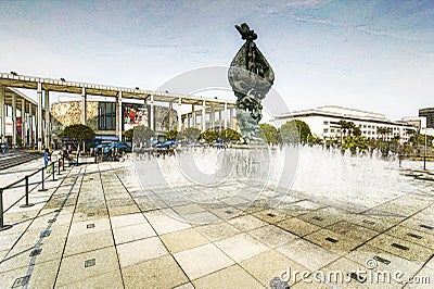 Digitally altered view of exterior view of water fountain on plaza in front of Dorothy Chandler Pavilion and Music Center in Editorial Stock Photo