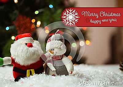 Digitally composite image of merry christmas and happy new year wishes with santa claus and snowman Stock Photo