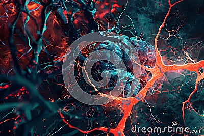 A digitally-created plexus model of a brain with intertwined neural pathways illuminated in electric red and blue hues. Generative Stock Photo
