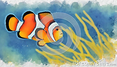 Digitally created watercolor painting of a clown fish in an underwater environment Cartoon Illustration