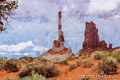 Digitally created watercolor painting of colorful scenic of Totem Pole spire in Monument Valley Cartoon Illustration
