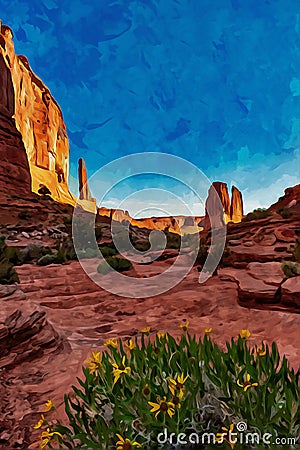 Digitally created watercolor painting of Park Avenue Trailhead with yellow flowers in Arches National Park, Moab, Utah Cartoon Illustration