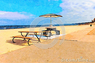 Digitally created watercolor painting of picnic table on sunny day at the beach Cartoon Illustration