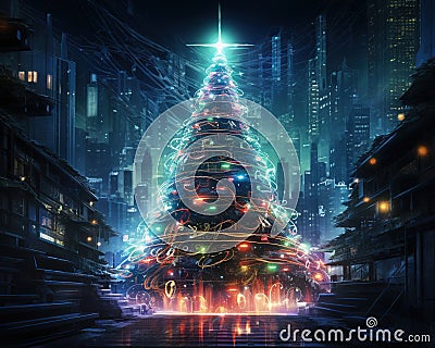 Digitally, cyberpunk christmas tree neural network art. Cartoon Illustration