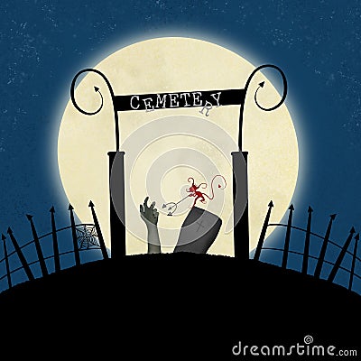 Cartoon Cemetery with a Little Devil and Zombie Hand in Front of a Full Moon Illustration Stock Photo