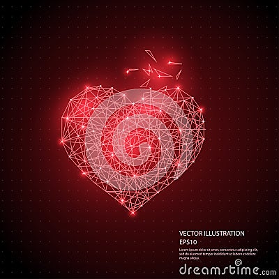 Digitally drawn red heart low poly wire frame isolated on black background. Vector Illustration