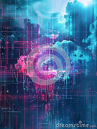 A digitally generated abstract artwork depicting cloud computing with data processing and AI operations in the cloud Stock Photo
