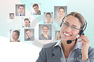 Digitally generated image of businesswoman using headphones with human resourcing in background Stock Photo