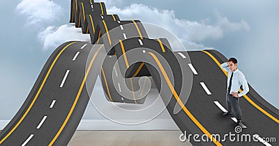 Digitally generated image of confused businessman standing on wavy road in sky Stock Photo