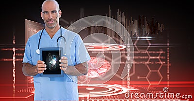 Digitally generated image of male doctor showing digital tablet against tech graphics Stock Photo