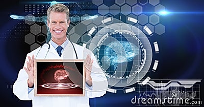 Digitally generated image of male doctor showing digital tablet against tech graphics Stock Photo