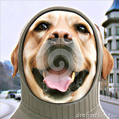 Very funny portrait from a happy Labrador wearing a weird turtleneck hoody sweater Stock Photo