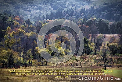Digitally Painted Cades Cove Landscape and Bible Verse Stock Photo