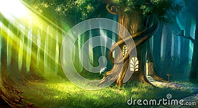 Digitally painted magic forest with cute fairy tale tree house Stock Photo