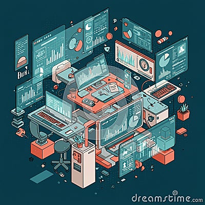 A digitally rendered workspace with multiple computer monitors displaying graphs, Stock Photo