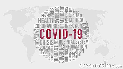COVID 19 or Coronavirus word cloud with red COVID-19 words and grey word tag on world map background. Abstract concept 2020 Coron Stock Photo