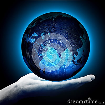 Digitized earth on the male palm Stock Photo