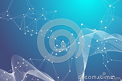 Digits abstract background with connected line and dots, wave flow. Digital neural networks. Network and connection Vector Illustration