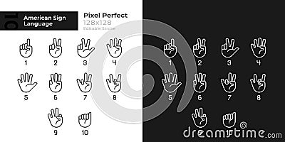 Digits in American sign language pixel perfect linear icons set for dark mode Vector Illustration