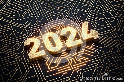 2024 digits on circuit board wire lines golden color shine over black background design Stock Photo