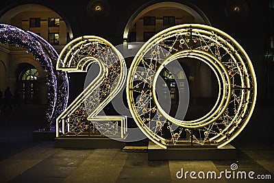 Digits 2020 are lightened on the street. Moscow. New Year decoration Editorial Stock Photo