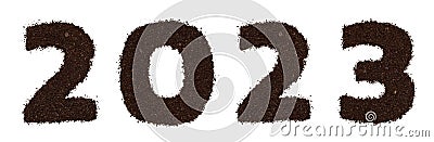 2023 text digits made of coffee isolated on white. Flat lay, top view Stock Photo