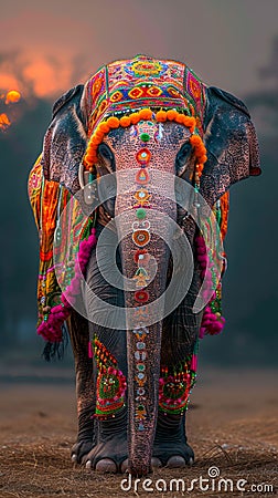 Dignified elephant adorned with tribal ornaments Stock Photo