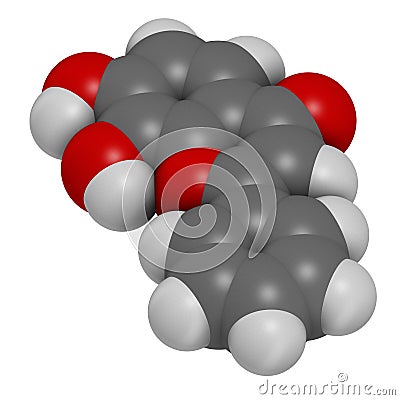 7,8-Dihydroxyflavone or 7,8-DHF molecule. 3D rendering. Atoms are represented as spheres with conventional color coding: hydrogen Stock Photo