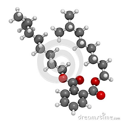 Diisononyl phthalate (DINP) plasticizer molecule. 3D rendering. Atoms are represented as spheres with conventional color coding: Stock Photo