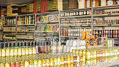 Dijon in France. Shop selling mustard. Editorial Stock Photo