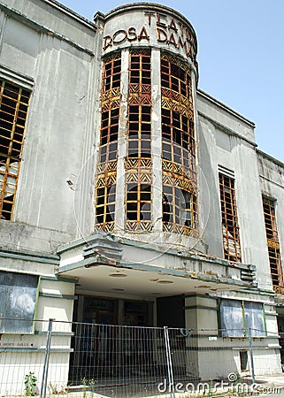 Dilapidated Art Deco facade of the Rosa Damasceno Theater, Santarem, Portugal Editorial Stock Photo